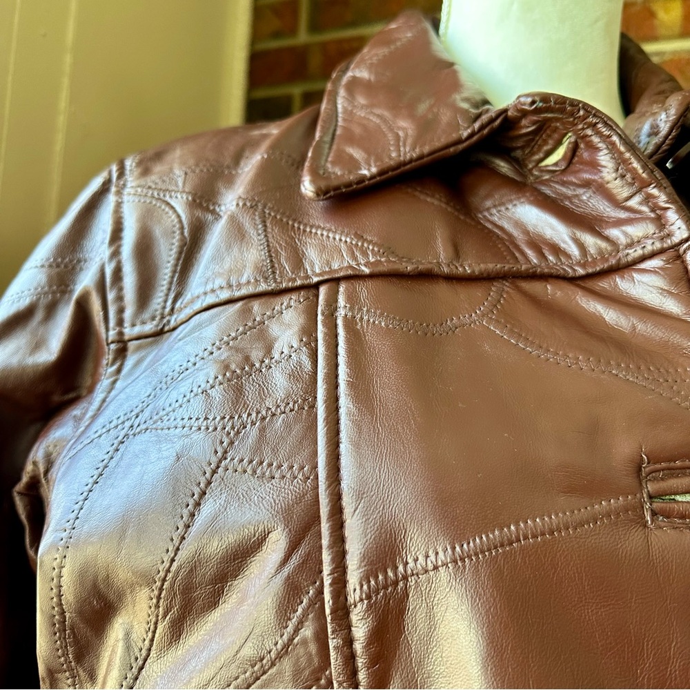 Brown Leather Button Up Patchwork Jacket Mens Siz… - image 4